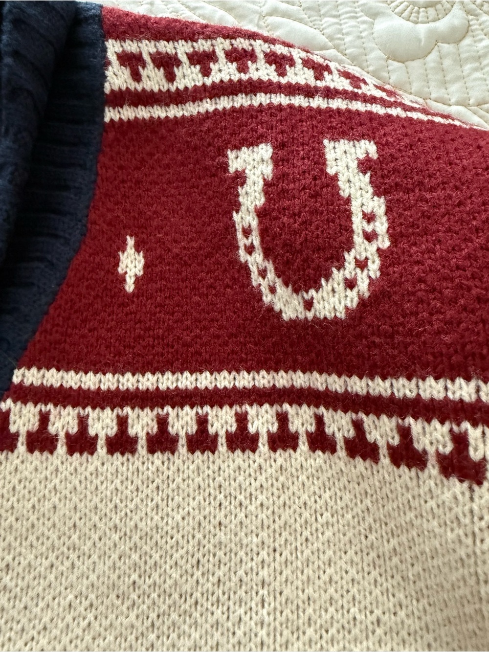 ALTAR’D STATE Horse Pattern Cardigan Sweater Cream, Navy & Burgundy - Picture 5 of 9